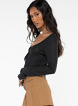 Long sleeve pointelle top, scooped neckline Twin tie fastening, open front Good stretch, unlined 