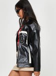 Faux leather jacket Embroidered graphic, high neck with button fastening, zip fastening Non-stretch, fully lined 