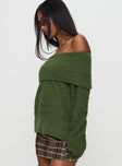 side view of model wearing Princess Polly Parkley Boucle Off The Shoulder Sweater Olive Long 