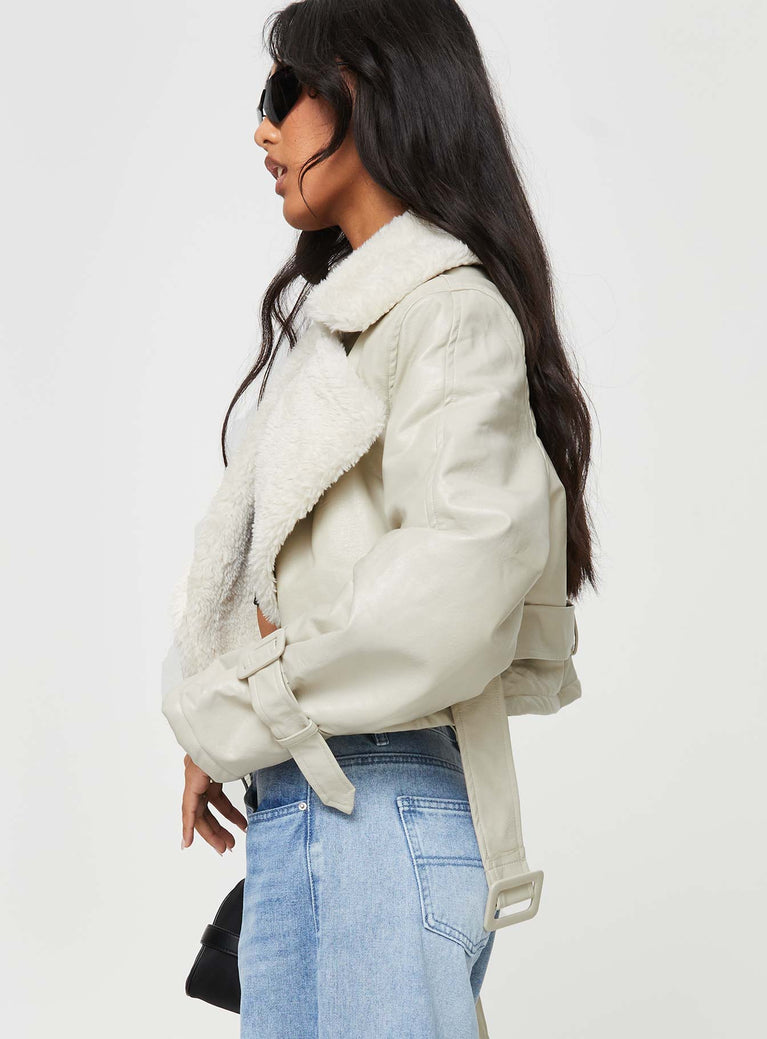 Missguided, Faux Leather Oversized Boyfriend Biker Jacket, Cream