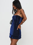 side view of model wearing Princess Polly Carette Strapless Mini Dress Navy Straight Neck 