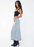 Denim midi skirt, mid rise, light wash denim Belt looped waist, zip and button fastening, five pocket design, split at back