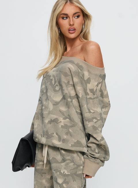 side view of model wearing Princess Polly Wellness Off The Shoulder Jumper Washed Camo 