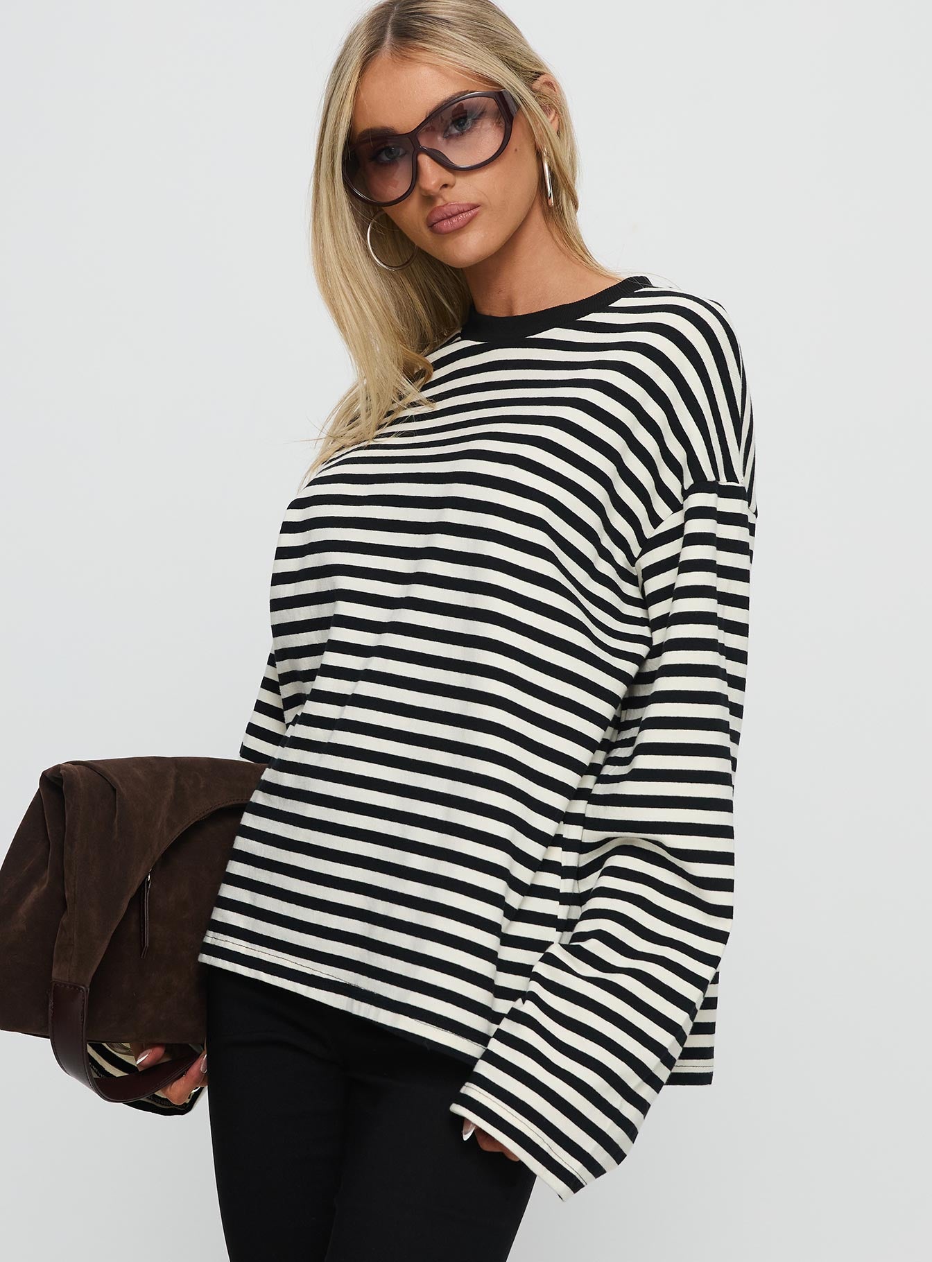 Settle Down Long Sleeve Top Black / White Stripe | Princess Polly