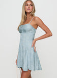 side view of model wearing Princess Polly Bluebird Jacquard Mini Dress Blue Square Neck 