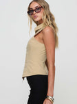 side view of model wearing Princess Polly Bedford Top Beige Sleeveless High Neck 