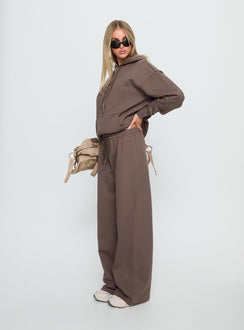 side view of model wearing Princess Polly All Day Straight Leg Sweatpants Mocha Mid Rise Pants 