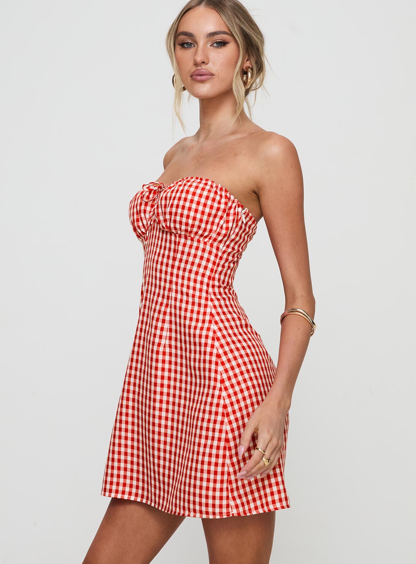 side view of model wearing Princess Polly Double Date Mini Dress Red Gingham Straight Neck 