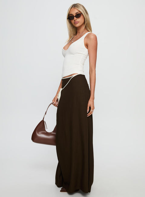   side view of model wearing Princess Polly Keirah Contrast Wrap Maxi Skirt Chocolate / White Maxi 