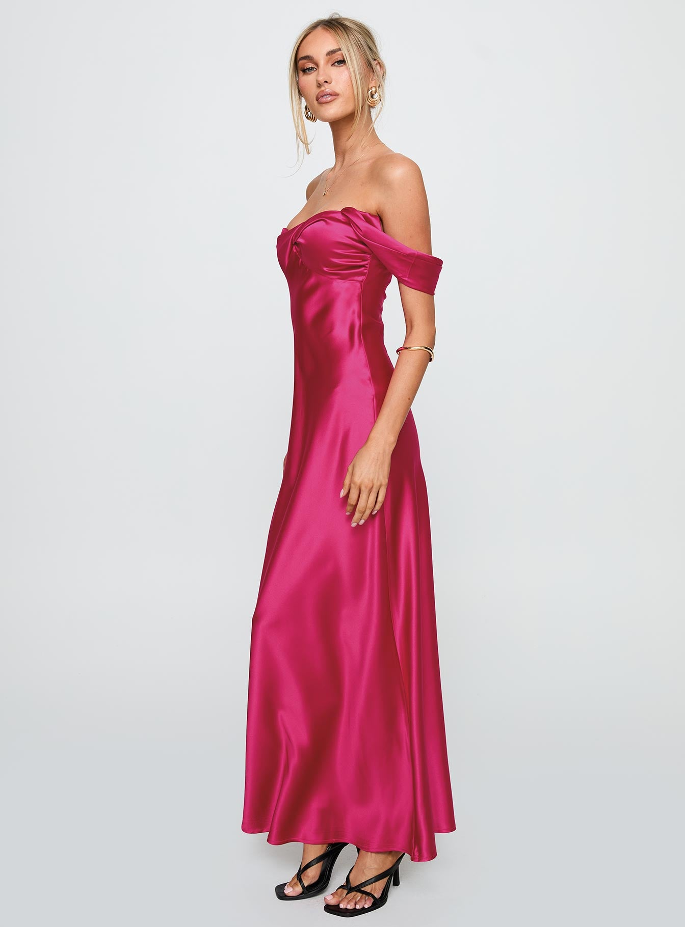 side view of model wearing Princess Polly Live For You Off The Shoulder Maxi Dress Hot Pink Sweetheart Neckline 