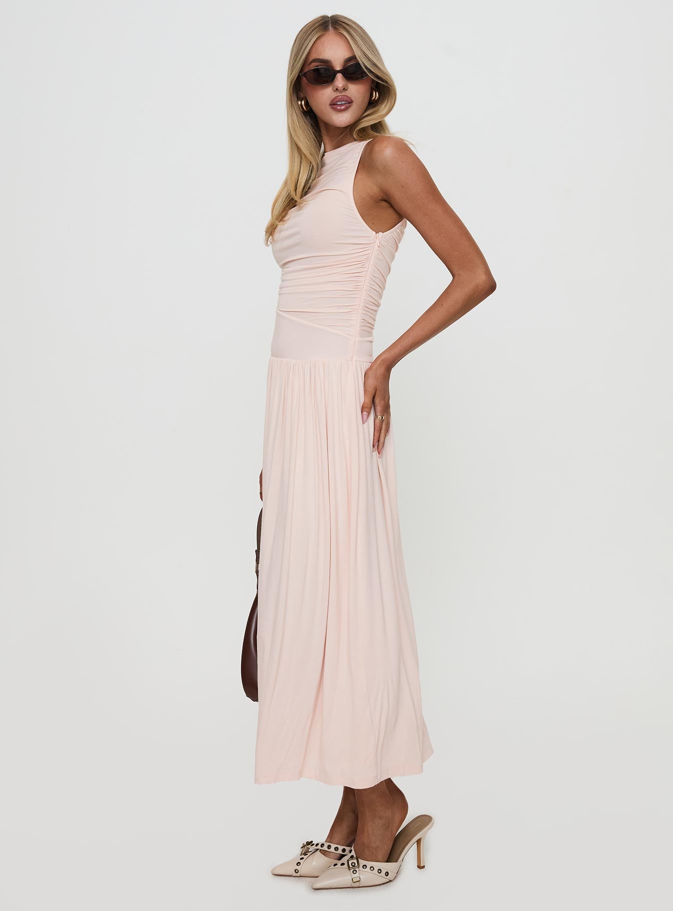 reveur ruched maxi dress pink Veronica Pink Mesh Ruched Maxi Dress