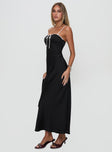 side view of model wearing Princess Polly Vasiliki Maxi Dress Black / White Square Neck 