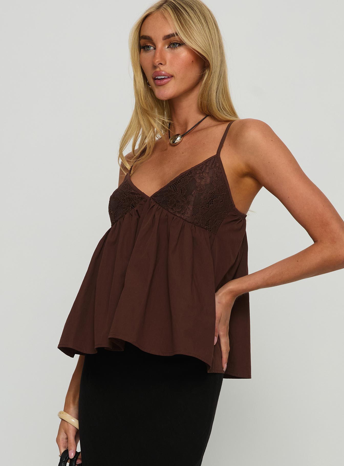 Janeesa Frill Lace Detail Cami Top Brown | Princess Polly