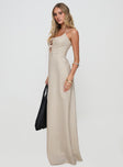 side view of model wearing Princess Polly Seraphia Maxi Dress Beige Sweetheart Neckline 