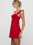 side view of model wearing Princess Polly Landon Mini Dress Red Petite Sweetheart Neckline 