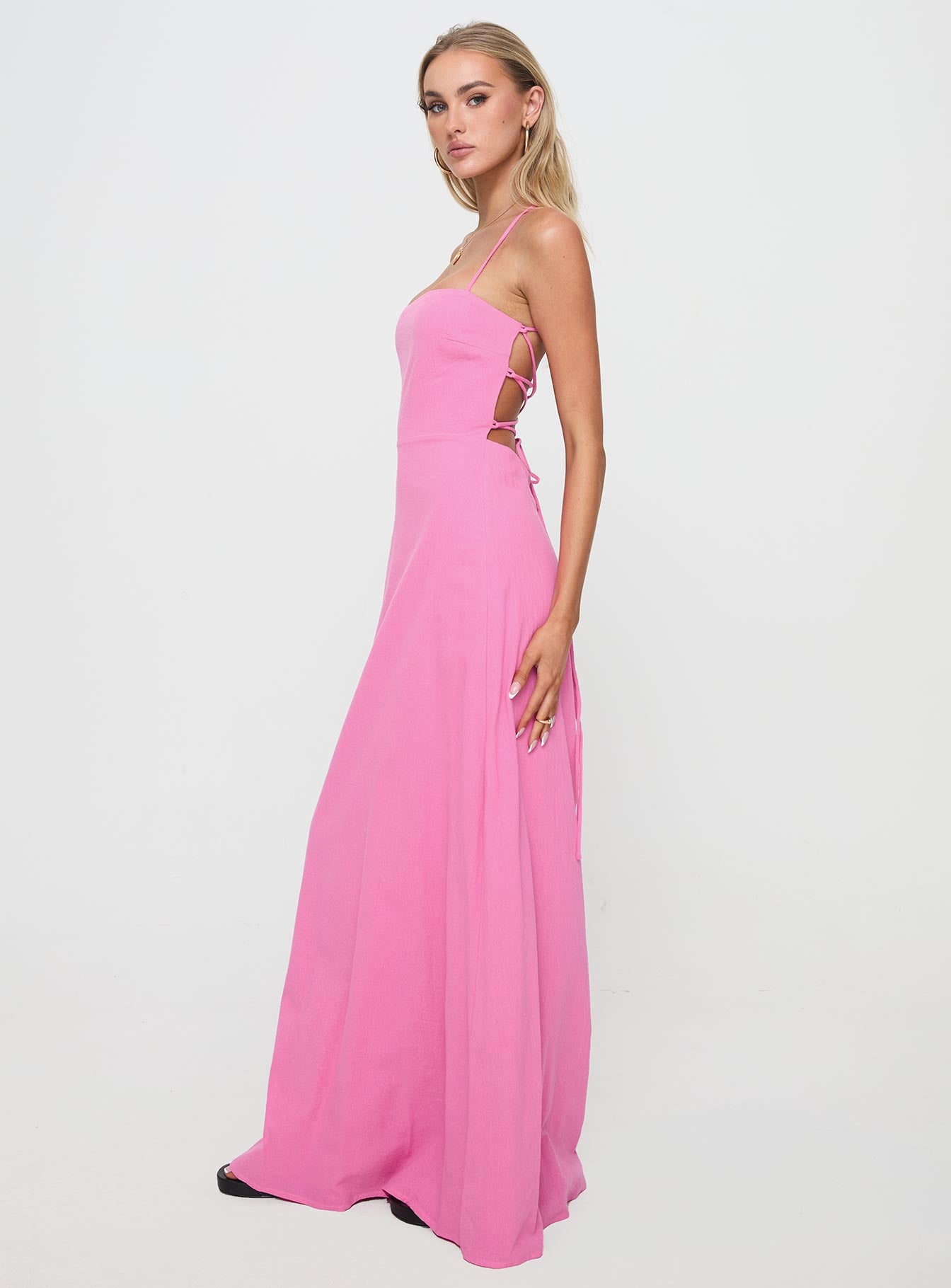 side view of model wearing Princess Polly Clea Maxi Dress Pink Square Neck 