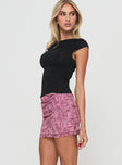 Mini skirt Mesh material, floral print, ruching at sides, layered lettuce edge hem Good stretch, fully lined  Princess Polly Lower Impact 