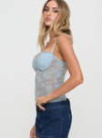 side view of model wearing Princess Polly Kerr Lace Top Blue Sleeveless Sweetheart 