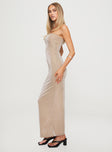 side view of model wearing Princess Polly Samper Strapless Maxi Dress Champagne Straight Neck 