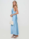 side view of model wearing Princess Polly Kattie Maxi Dress Blue Plunger 