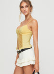 side view of model wearing Princess Polly Marcio Lace Top Yellow Sleeveless V-Neck 