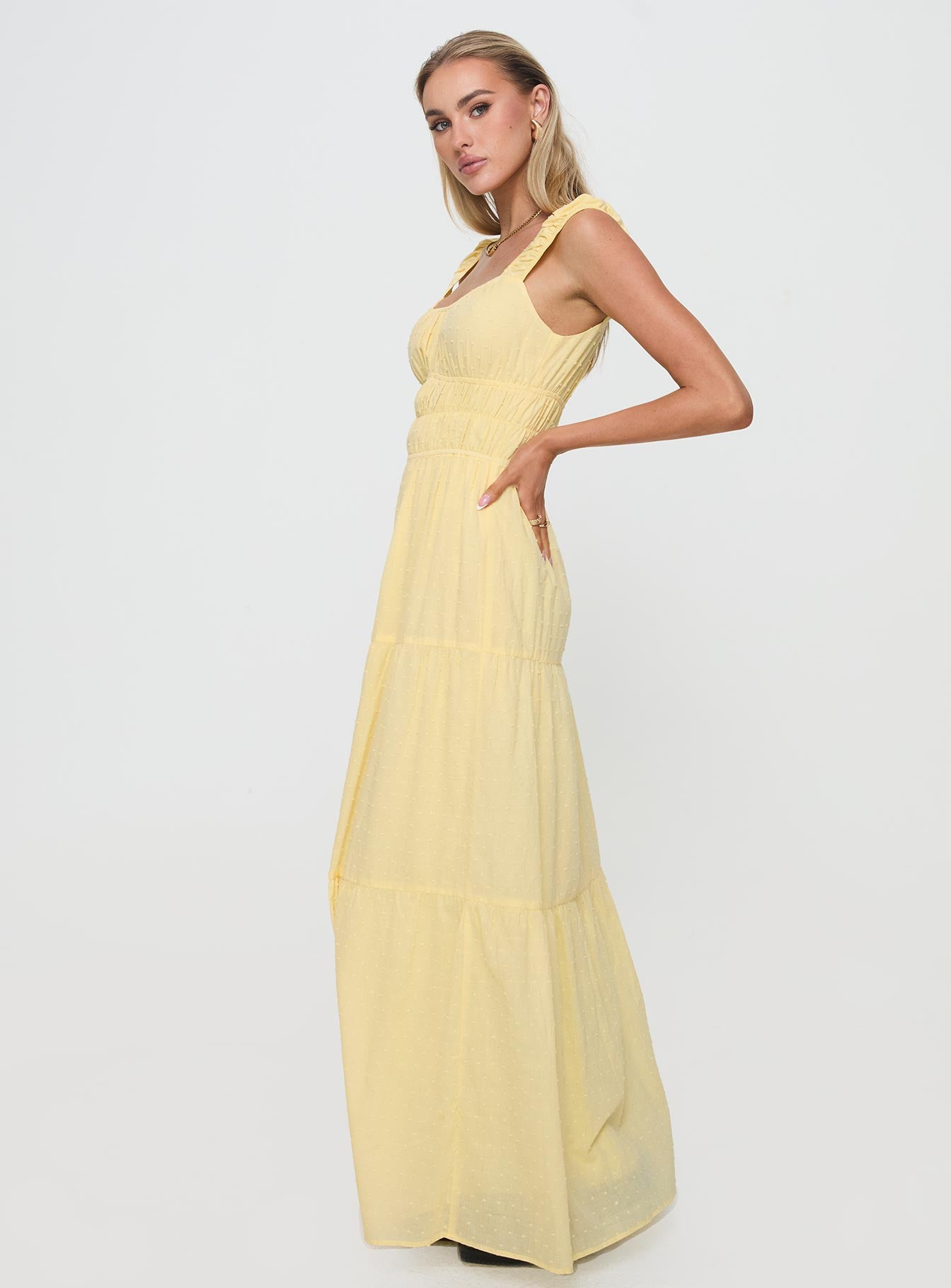 side view of model wearing Princess Polly Skieler Maxi Dress Lemon Square Neck 