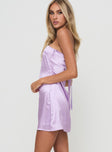 side view of model wearing Princess Polly Shaya Strapless Mini Dress Lilac Straight Neck 