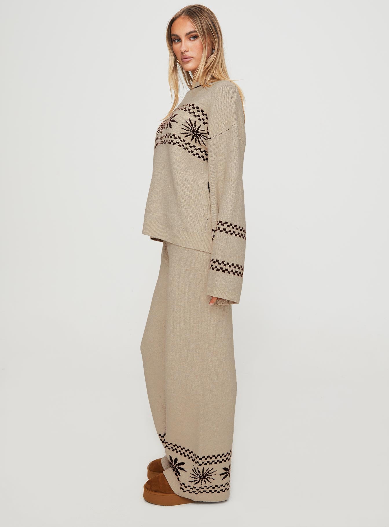 side view of model wearing Princess Polly Anok Star Pants Brown / Cream High Waisted Pants 