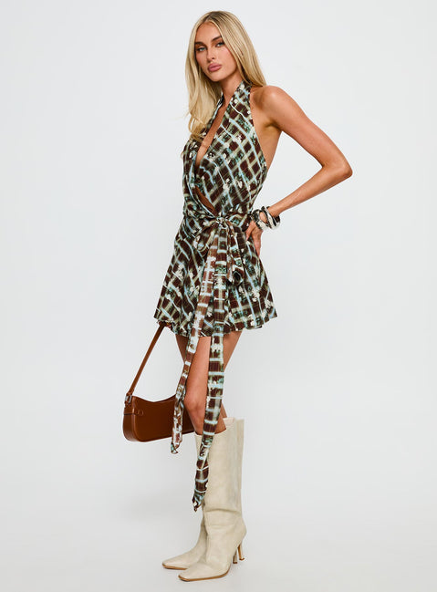 Brissa Halter Wrap Mini Dress Brown Multi | Princess Polly Brissa Halter Wrap Mini Dress Brown Multi | Princess Polly