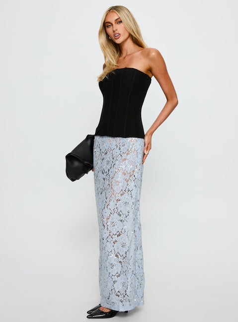 back view of model wearing Princess Polly Carman Lace Midi Skirt Blue Maxi Skirts 
