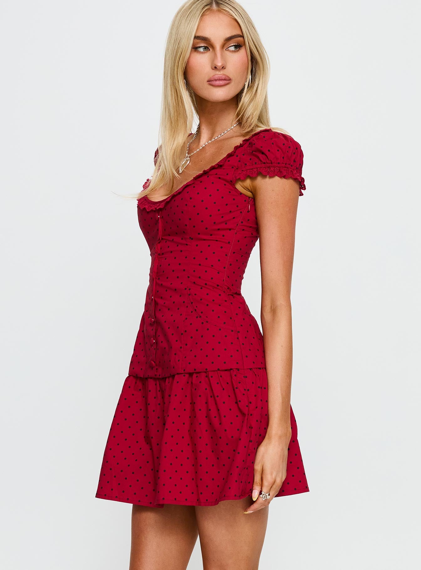 Ottillie Lace Trim Button Down Mini Dress | Red Polka Dot | Womens | Princess Polly Lower Impact Ottillie Lace Trim Button Down Mini Dress | Red Polka Dot | Womens | Princess Polly Lower Impact
