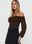 side view of model wearing Princess Polly Babette Off The Shoulder Bodysuit Brown Full Sleeves 