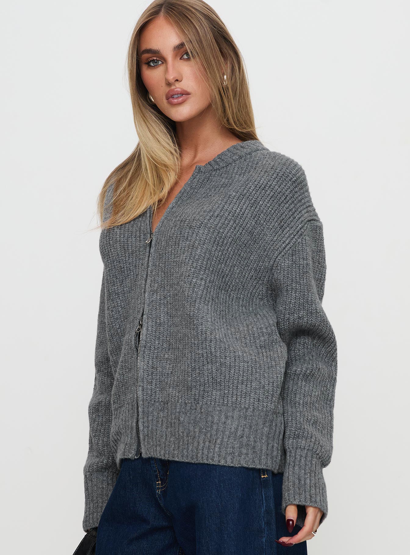 Lexene Zip Through Jumper Grey | Princess Polly
