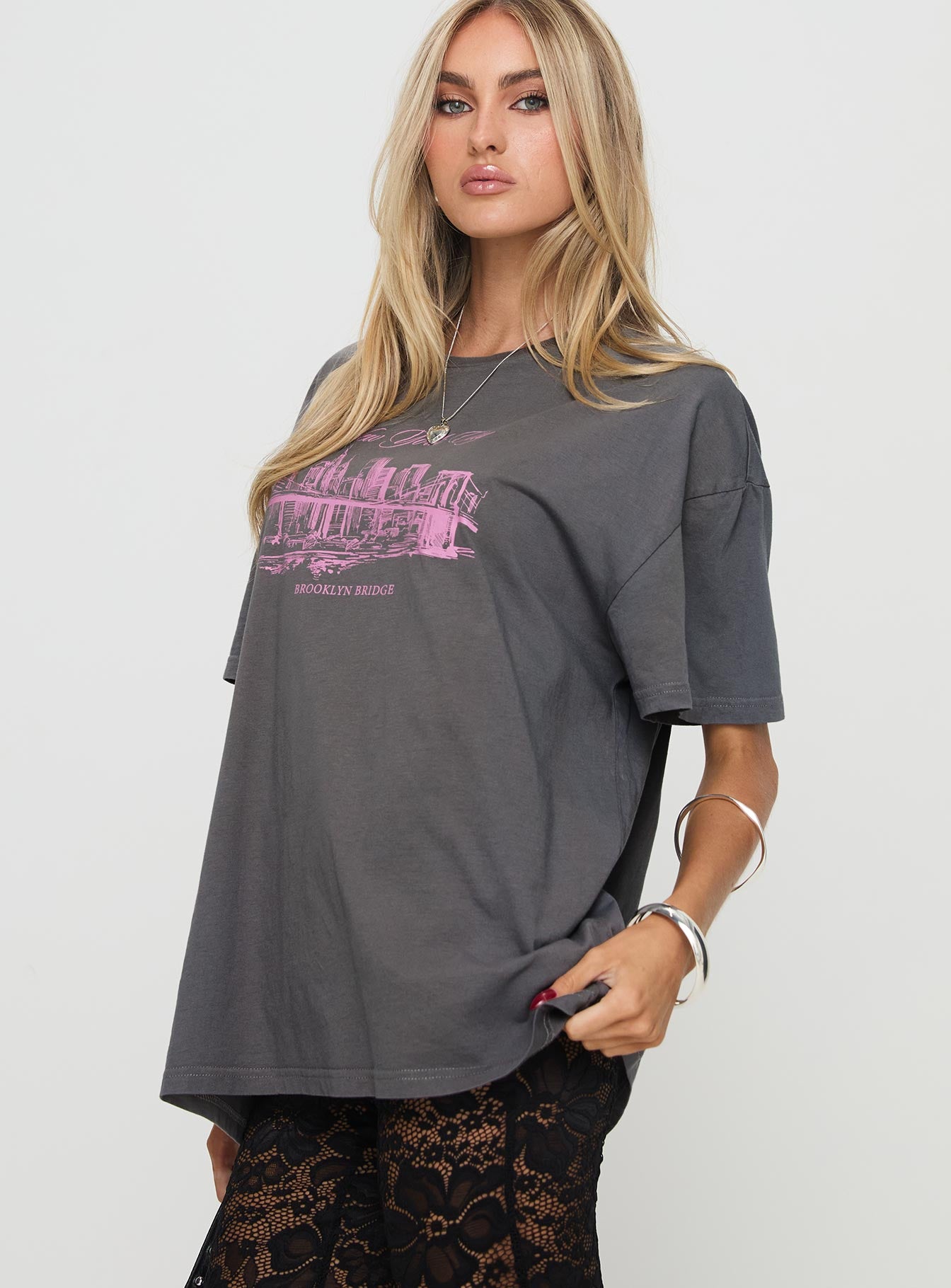 back view of model wearing Princess Polly Brooklyn Bridge Tee Black Half Sleeves Crew Neck 