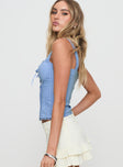 side view of model wearing Princess Polly Stellah Top Blue Sleeveless Sweetheart 