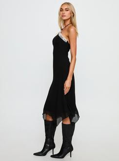 Naila Halter Lace Trim Midi Dress Black