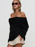 side view of model wearing Princess Polly Snowie Off Shoulder Knit Sweater Black cropped 