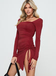 side view of model wearing Princess Polly Caprani Long Sleeve Mini Dress Burgundy Square Neck 