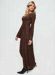 side view of model wearing Princess Polly Lukea Maxi Dress Chocolate 