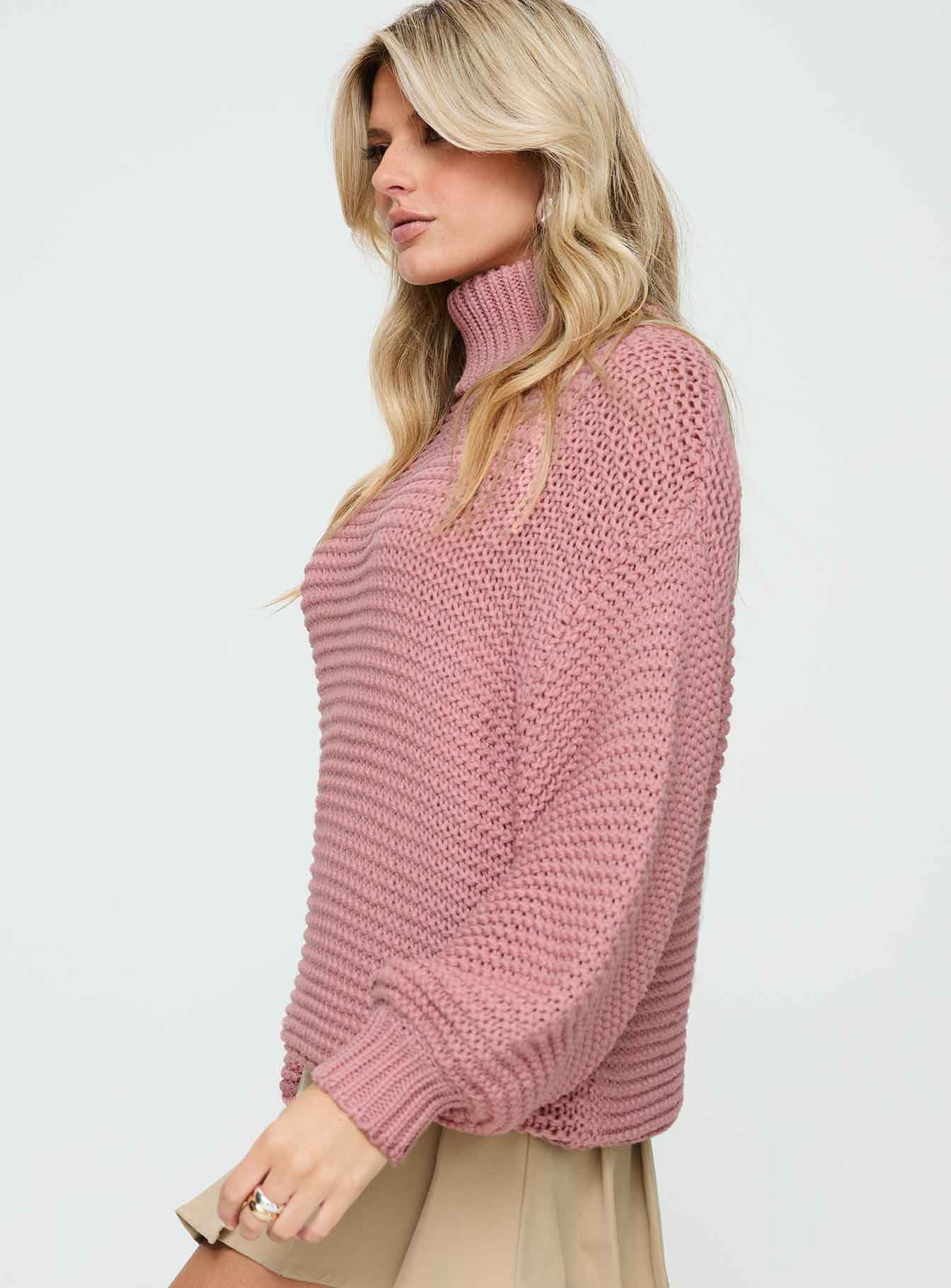 side view of model wearing Princess Polly Hayworth Turtle Neck Sweater Pink Long 