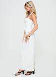 side view of model wearing Princess Polly 1999 Maxi Dress Porcelain Square Neck 