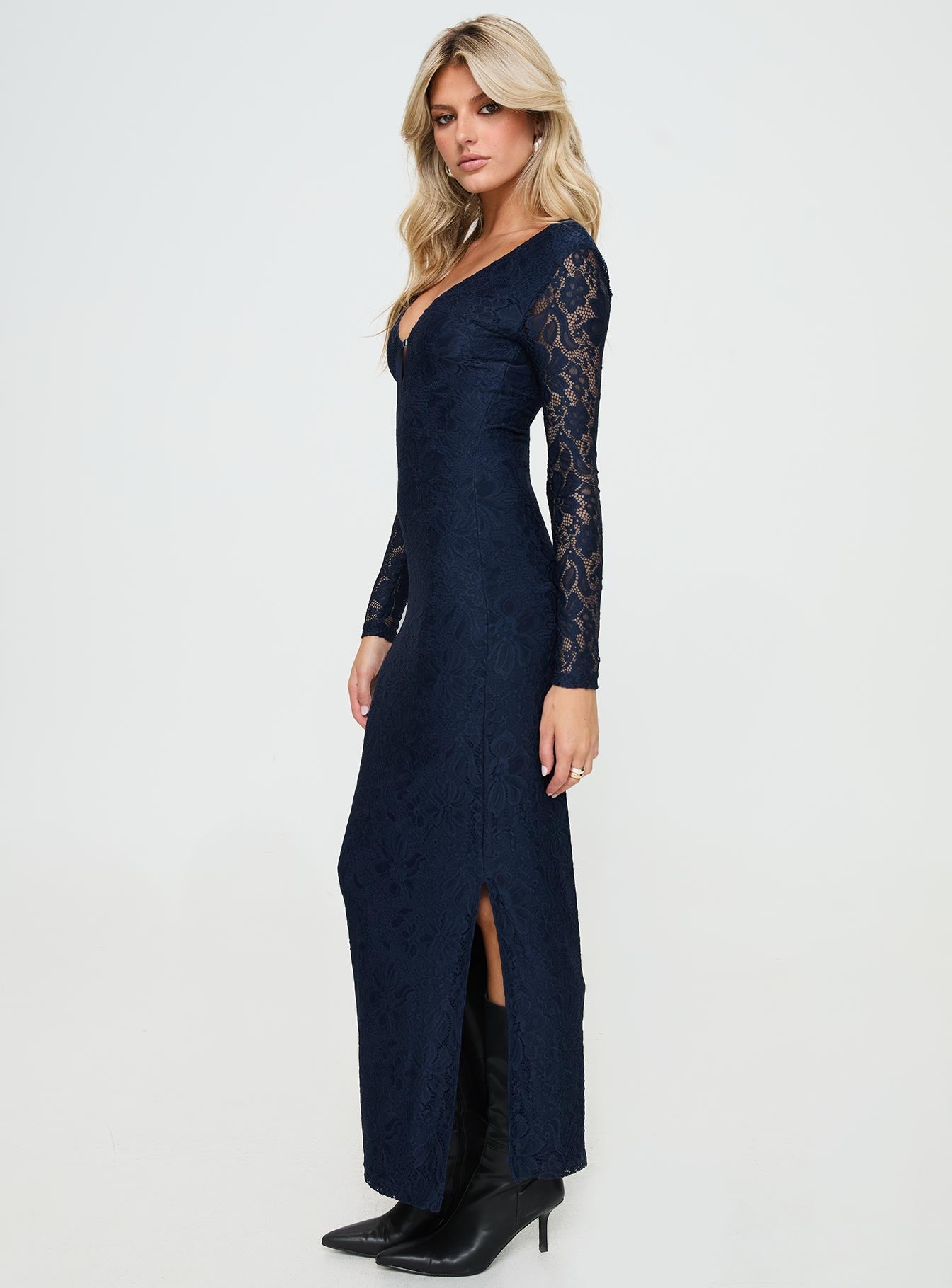 front view of model wearing Princess Polly Marceline Long Sleeve Maxi Dress Navy Plunger 