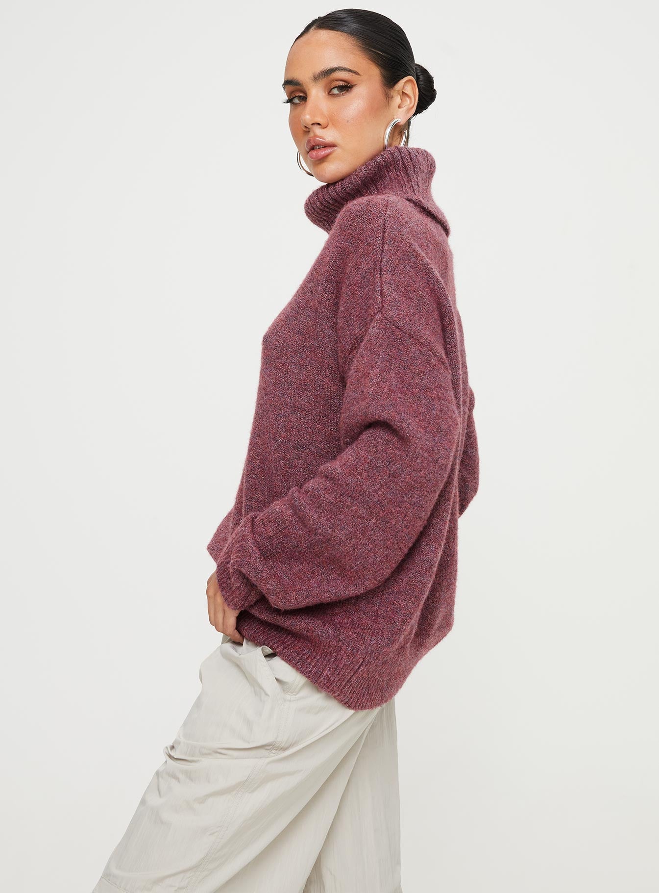 side view of model wearing Princess Polly Oswin Turtleneck Sweater Burgundy 