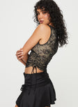 Top V-neckline, sheer lace material, ruching at side with adjustable ties Invisible zip fastening at side