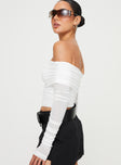 Off-the-shoulder Top  Long sleeves with ruching detail, folded neckline ruching through Invisible zip fastening at side, inner silicone strip at side 