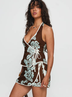 Anyah Halter Wrap Top Brown / Blue