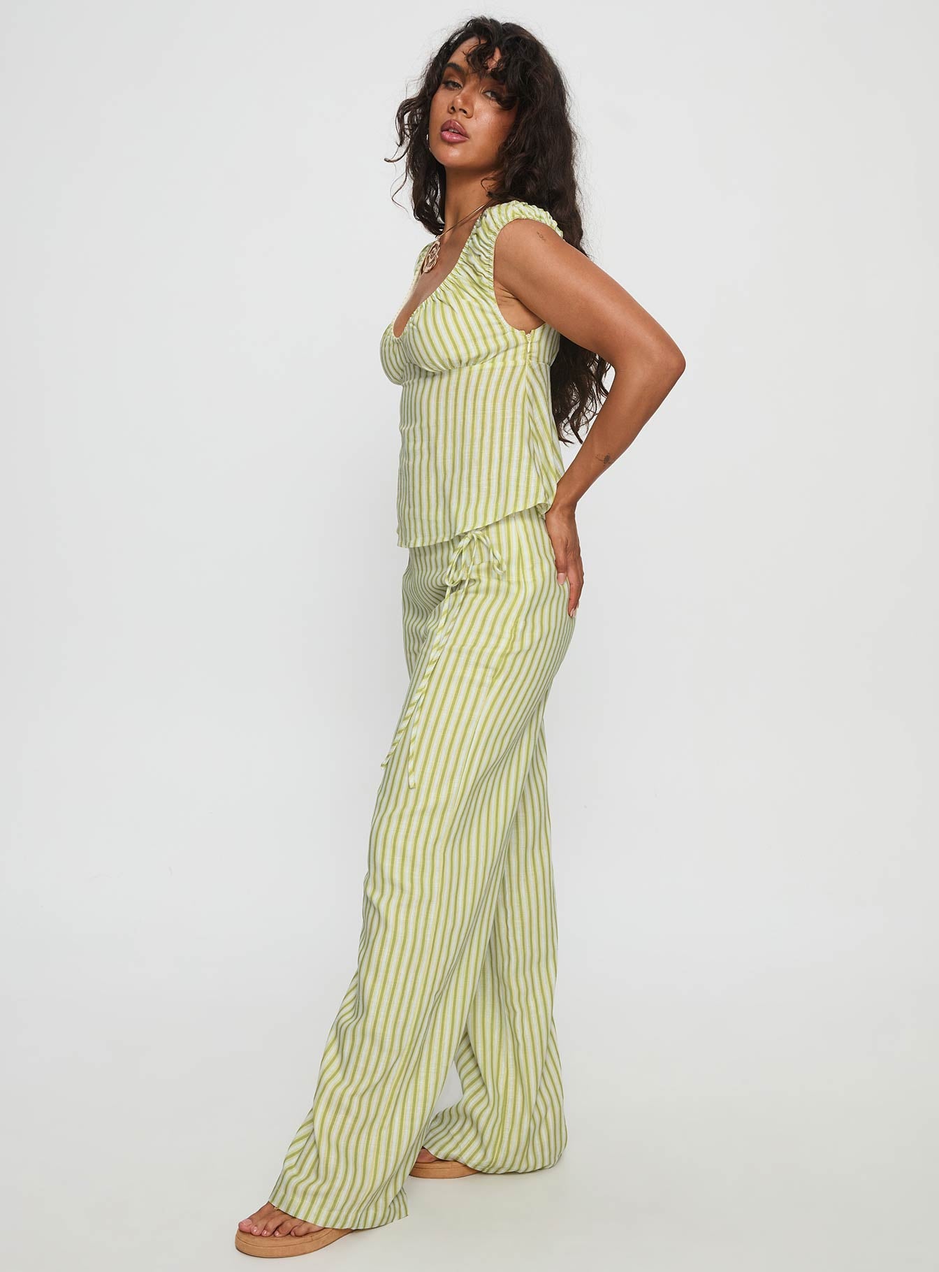 With Pleasure Tie Side Pant Green / Blue Stripe | Princess Polly