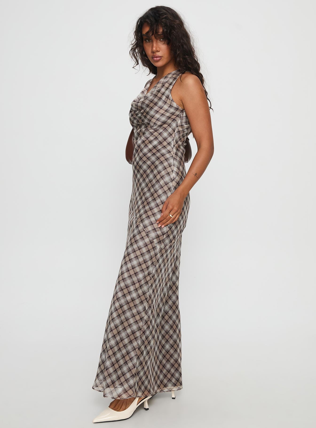 Veida Cowl Neck Maxi Dress Brown Check | Princess Polly Veida Cowl Neck Maxi Dress Brown Check | Princess Polly