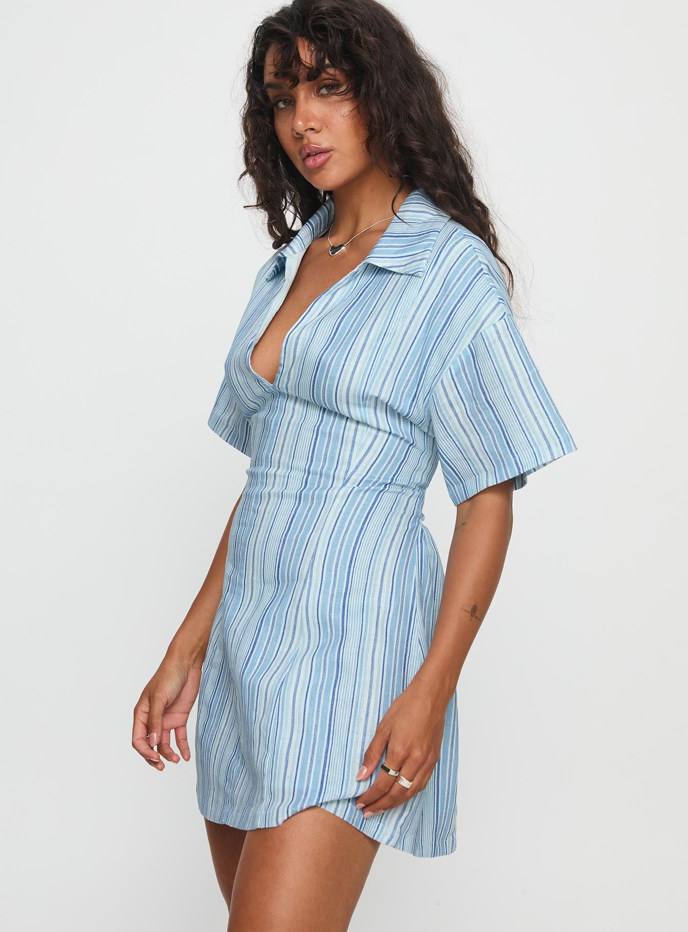 Wylla V Neck Linen Mini Dress Blue Stripe | Princess Polly Wylla V Neck Linen Mini Dress Blue Stripe | Princess Polly