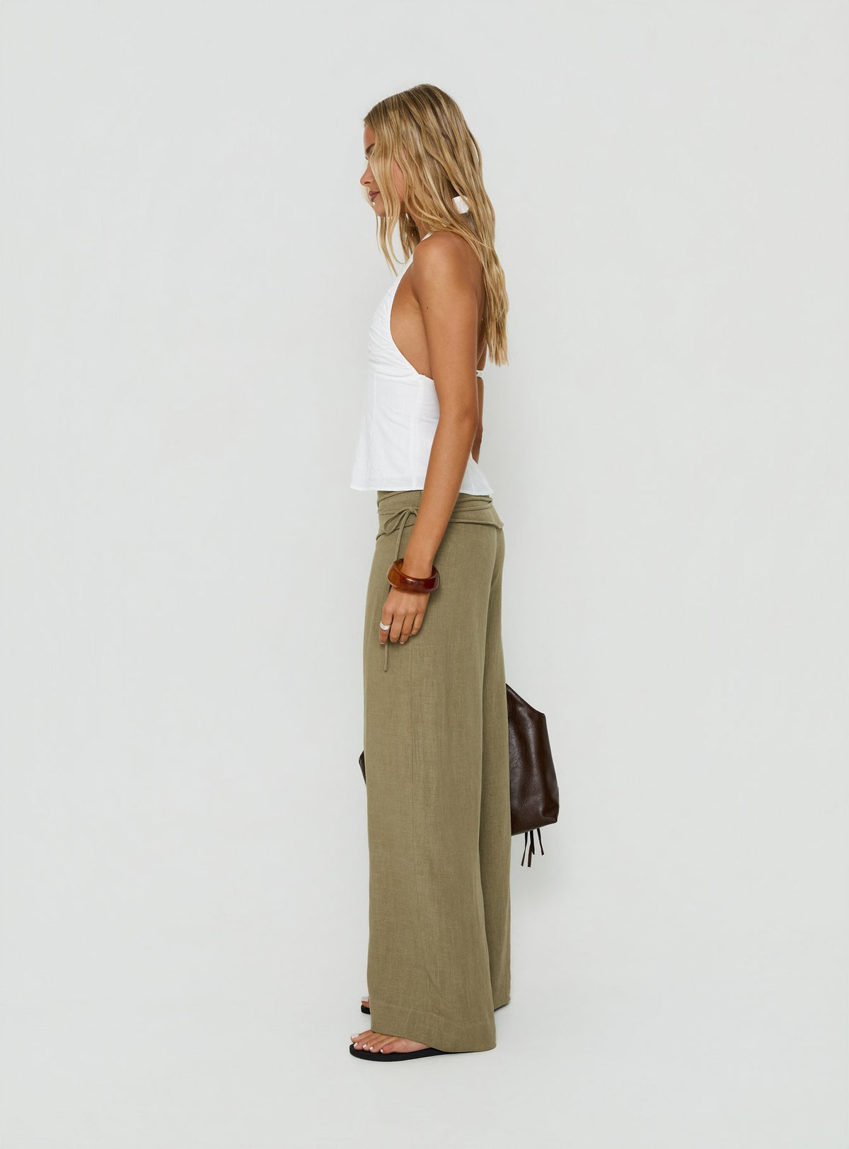 Silver Moon Linen Blend Tie Pants Olive Green Tall